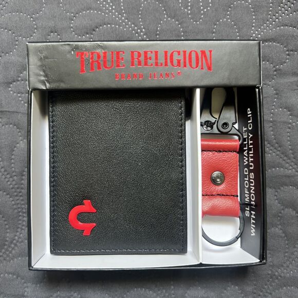 True Religion RFID Marcus Slim Bifold Wallet & Key Clasp Gift Set Limited NWT - Picture 1 of 16